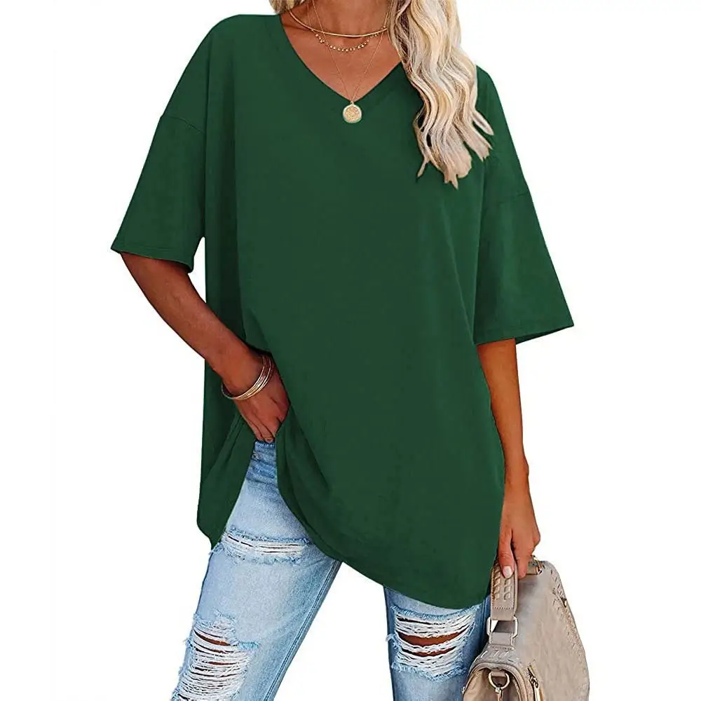 Women Cotton V-Neck Loose Top Yellow - Image 2