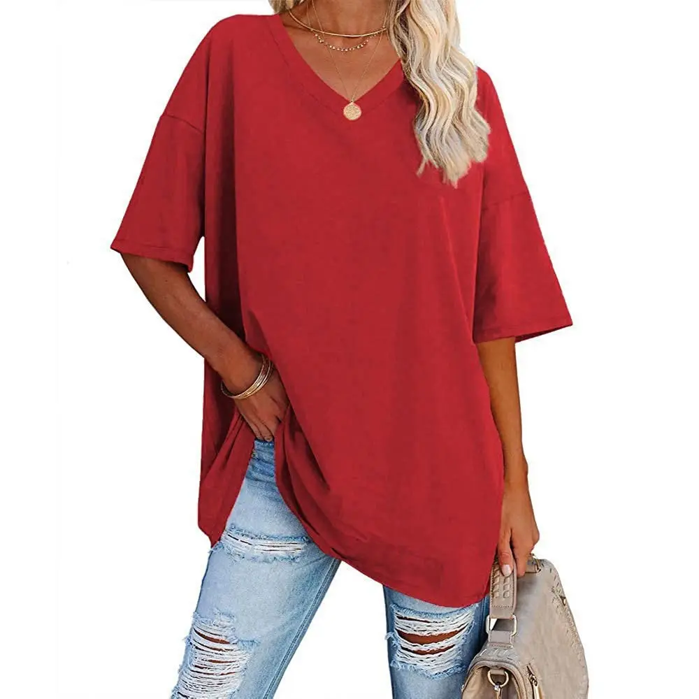Women Cotton V-Neck Loose Top Yellow - Image 4