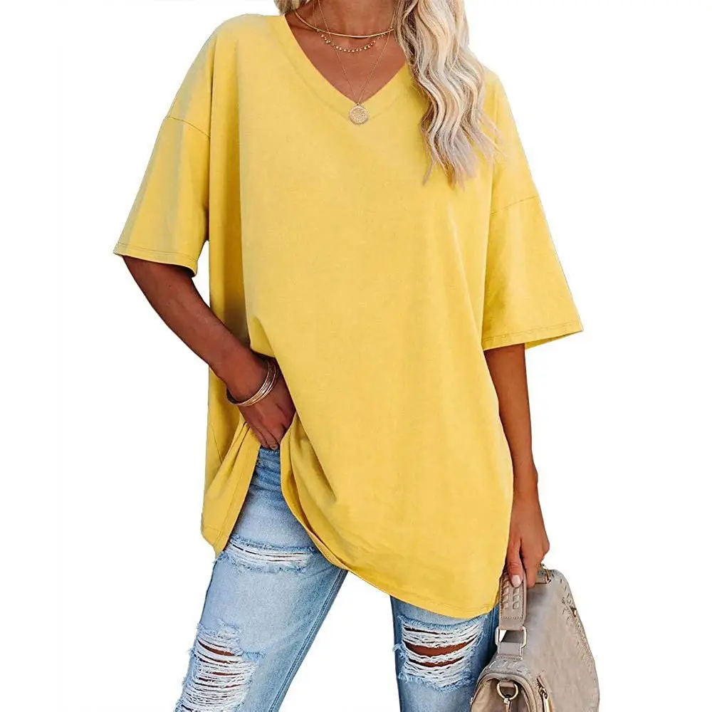 Women Cotton V-Neck Loose Top Yellow - Image 5