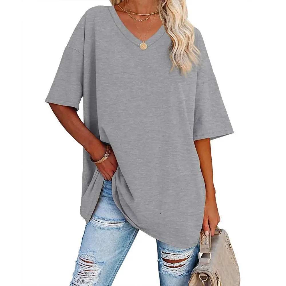 Women Cotton V-Neck Loose Top Yellow - Image 8