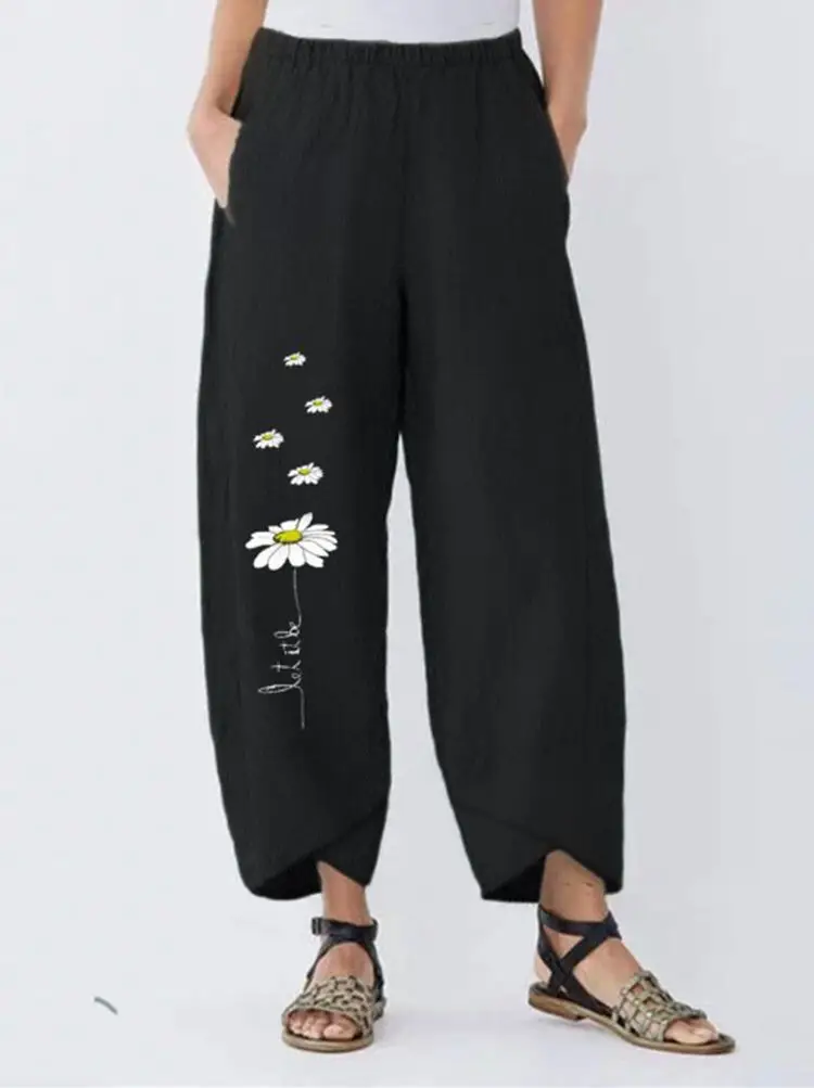 Women Cotton Daisy Print Elastic Waist Pants 3401 - Image 7