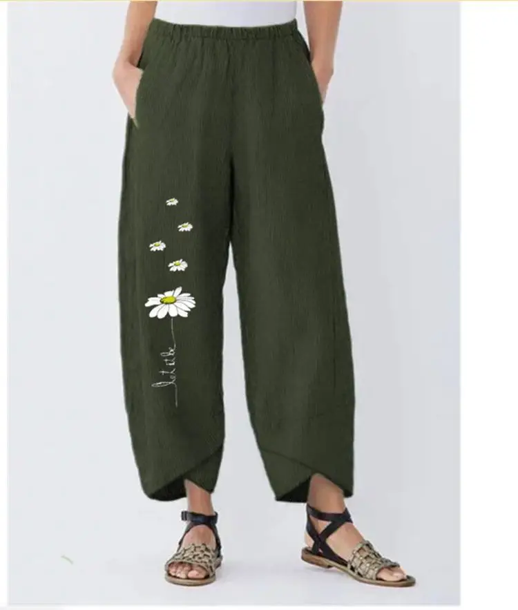 Women Cotton Daisy Print Elastic Waist Pants 3401 - Image 8