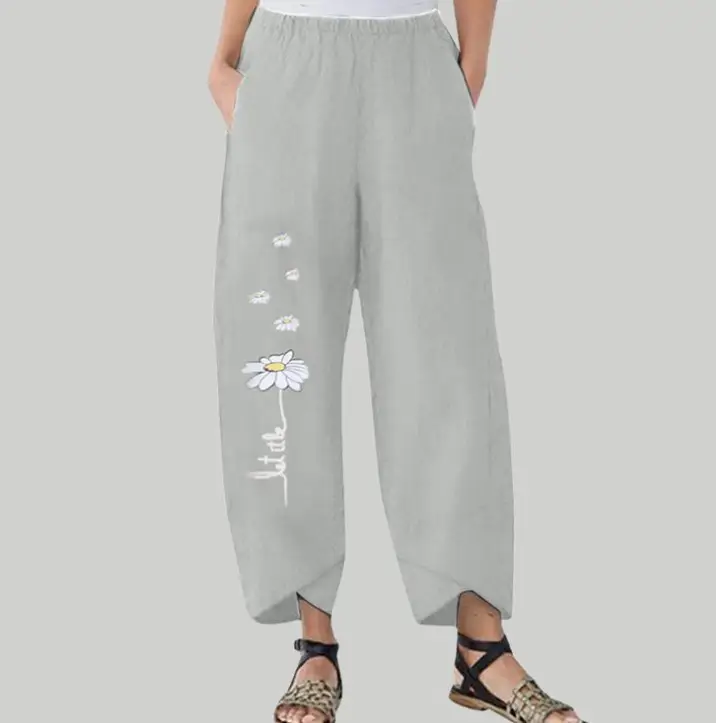 Women Cotton Daisy Print Elastic Waist Pants 3401 - Image 9