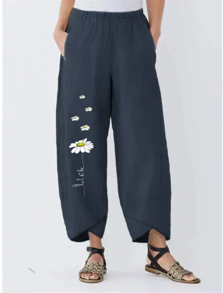 Women Cotton Daisy Print Elastic Waist Pants 3401 - Image 3