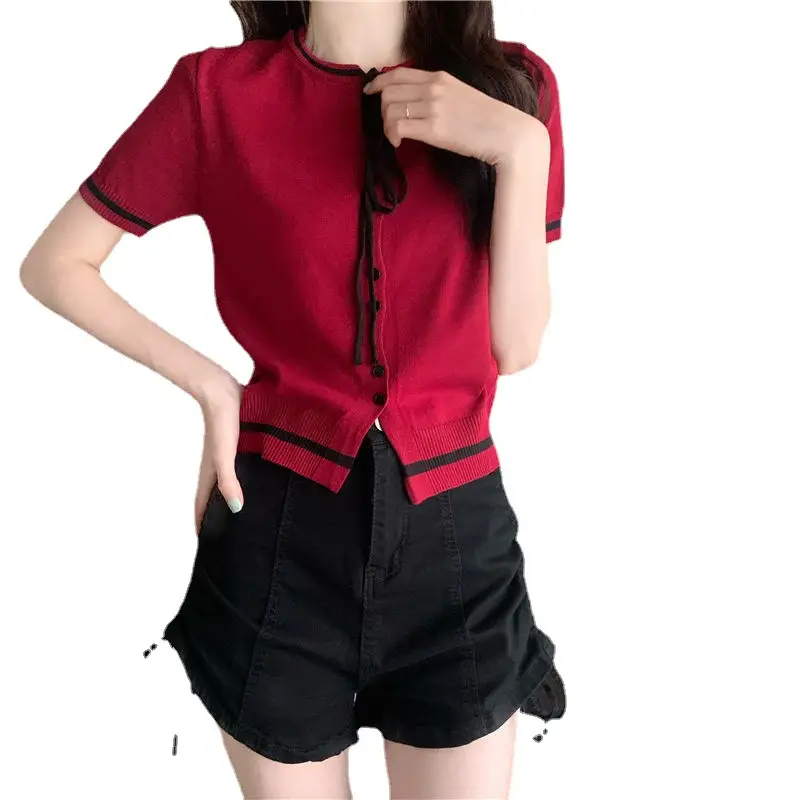 Women's Black Lace-up Short Sleeve T-Shirt with Silk Trim - Image 7