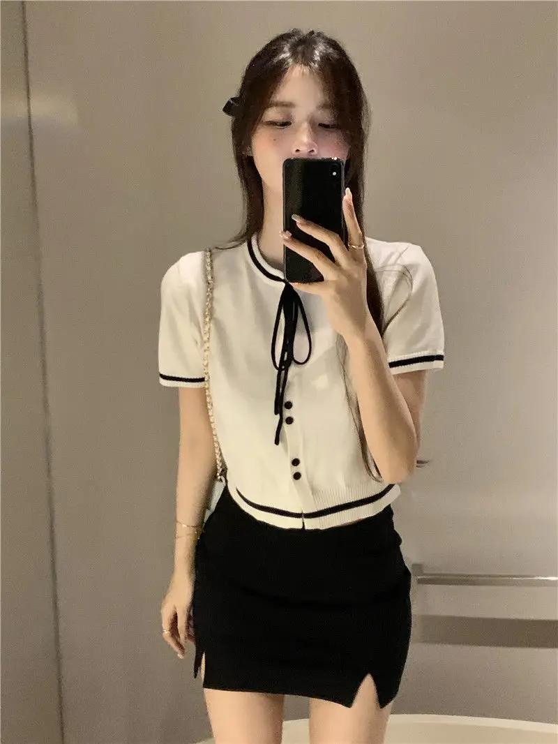 Women's Black Lace-up Short Sleeve T-Shirt with Silk Trim - Image 2
