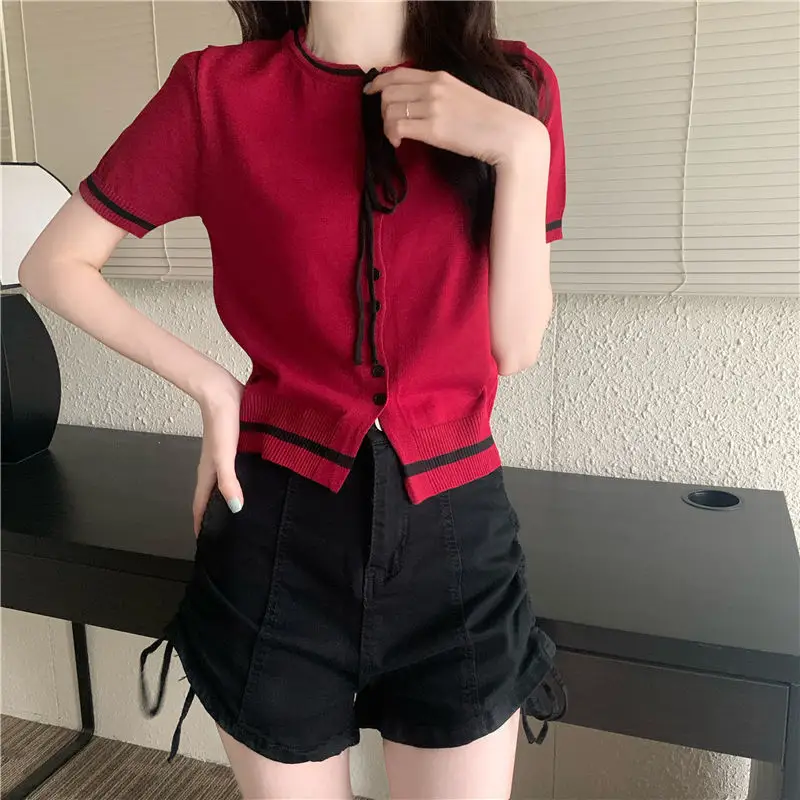 Women's Black Lace-up Short Sleeve T-Shirt with Silk Trim - Image 3