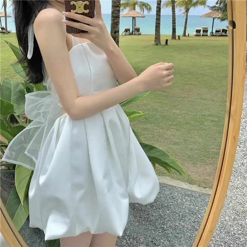 White Lace-Up Mesh Vest Dress for Women Summer — feature 2