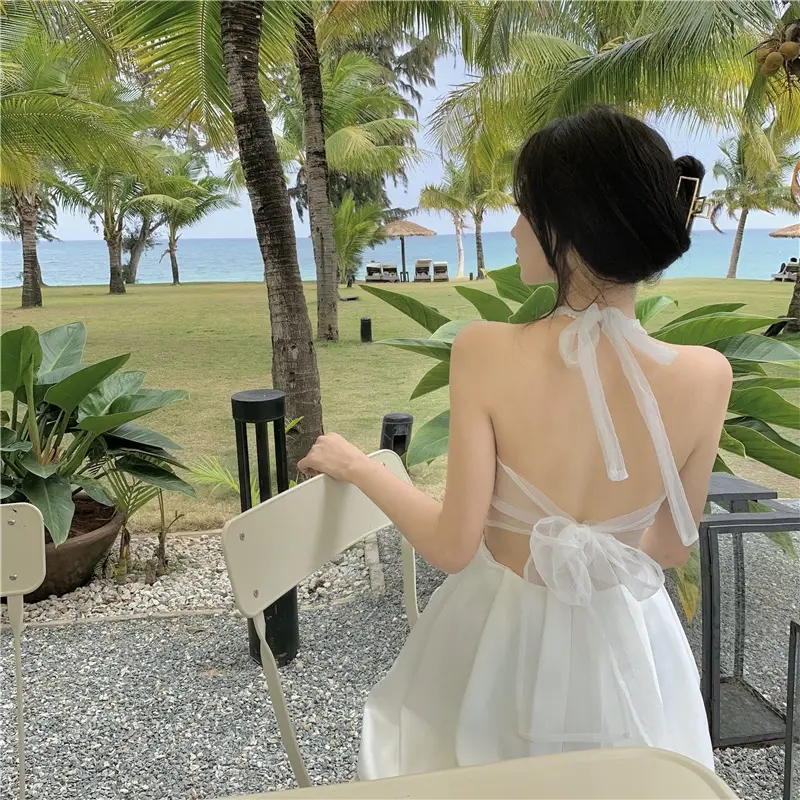 White Lace-Up Mesh Vest Dress for Women Summer — feature 3