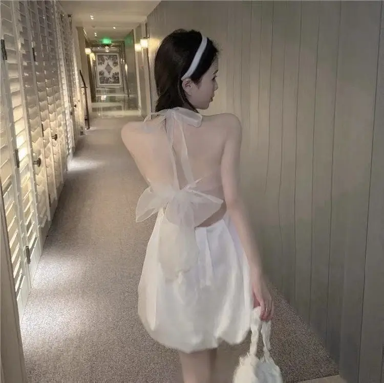 White Lace-Up Mesh Vest Dress for Women Summer — feature 5