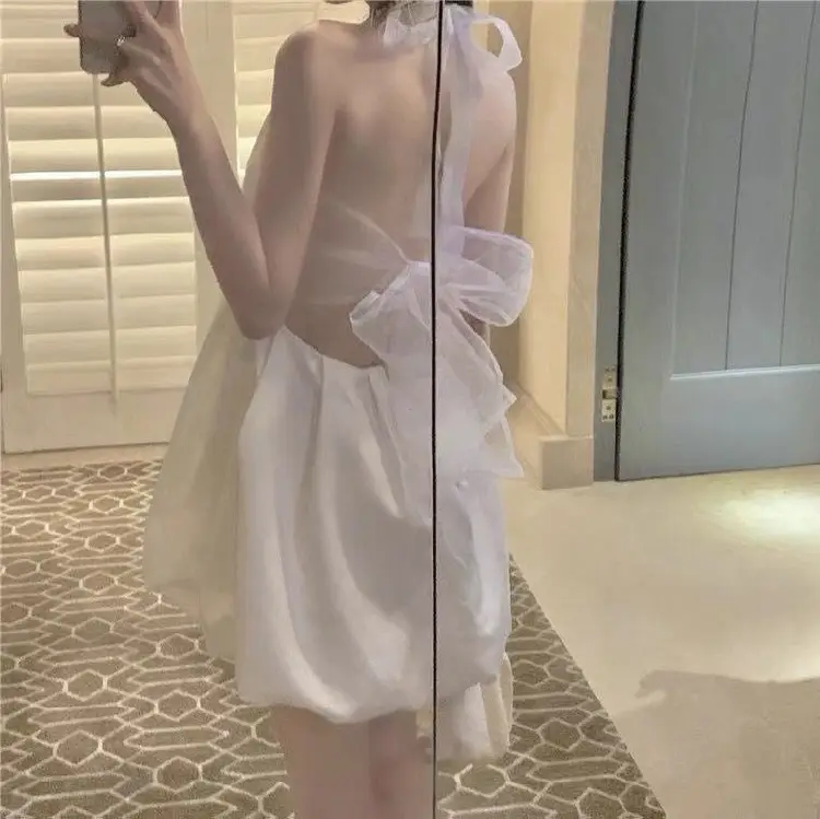 White Lace-Up Mesh Vest Dress for Women Summer — feature 6