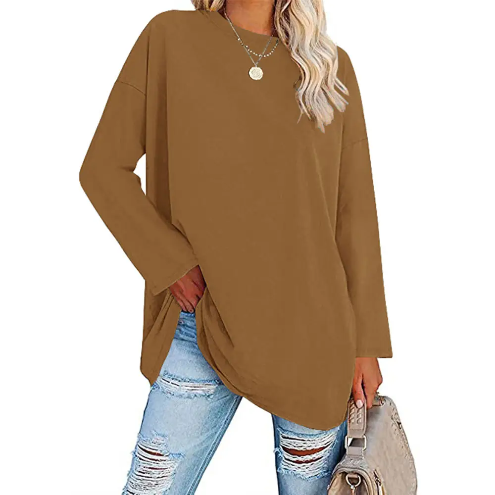 Oversized Women's T-Shirt Beige Loose Fit Round Neck