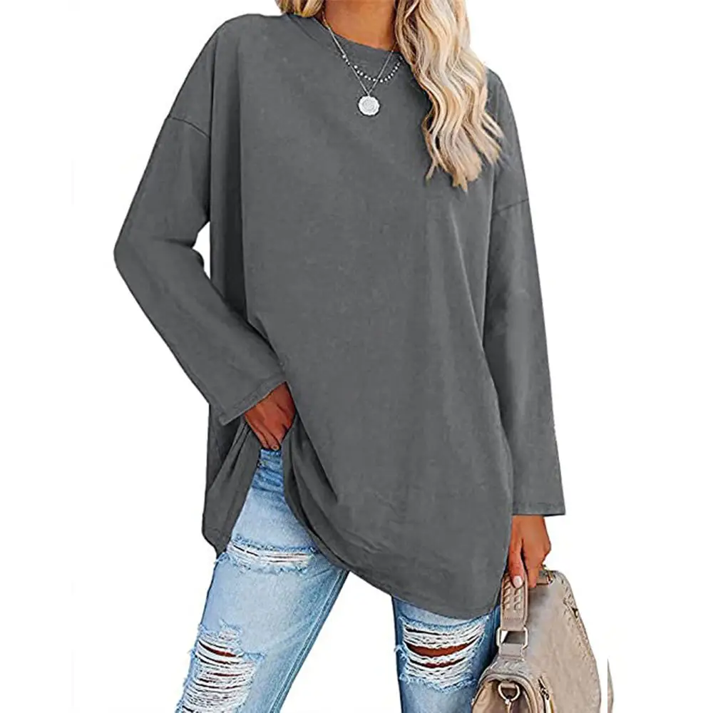 Oversized Women's T-Shirt Beige Loose Fit Round Neck