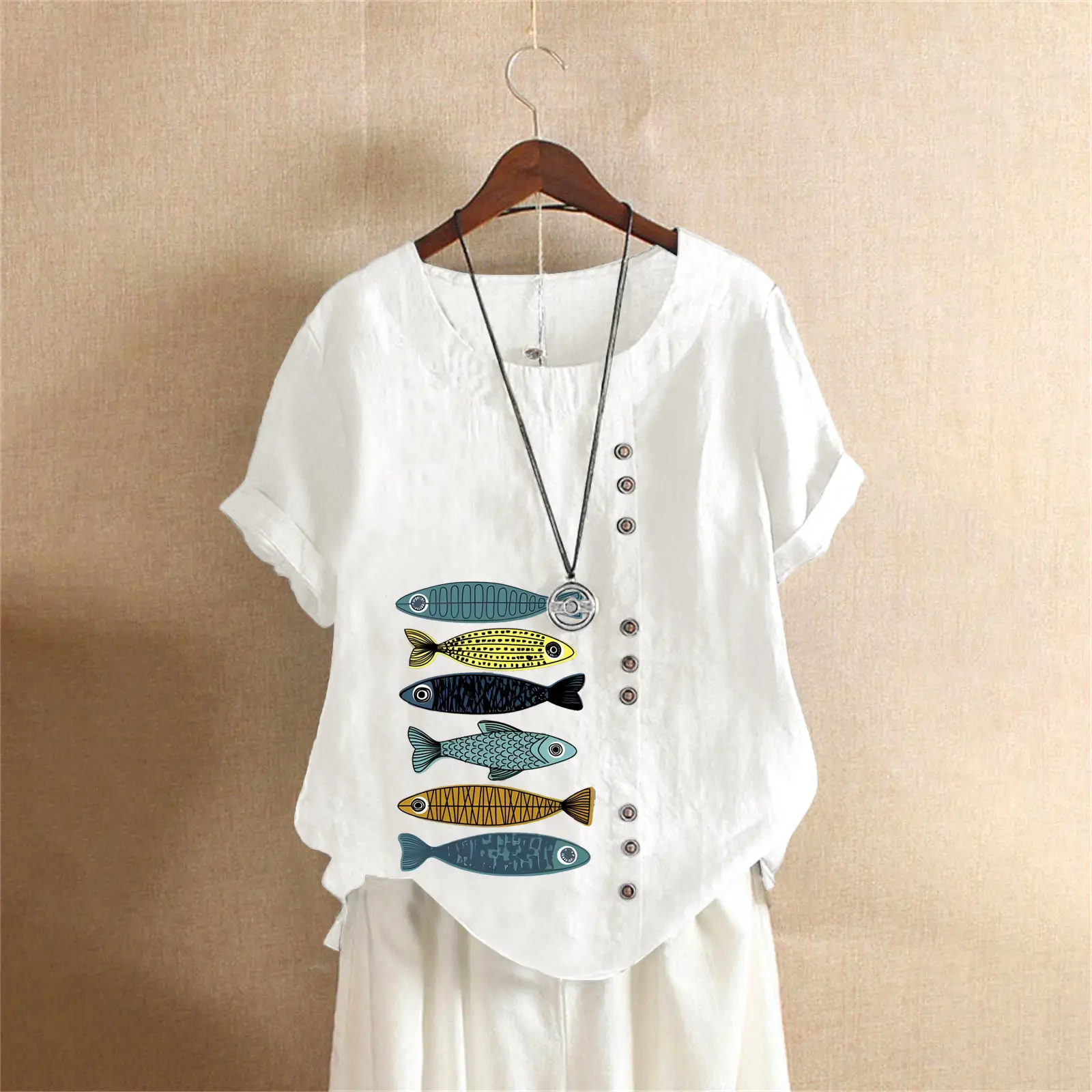2025 Summer Vintage Plus Size Fish Print T-Shirt - Image 2