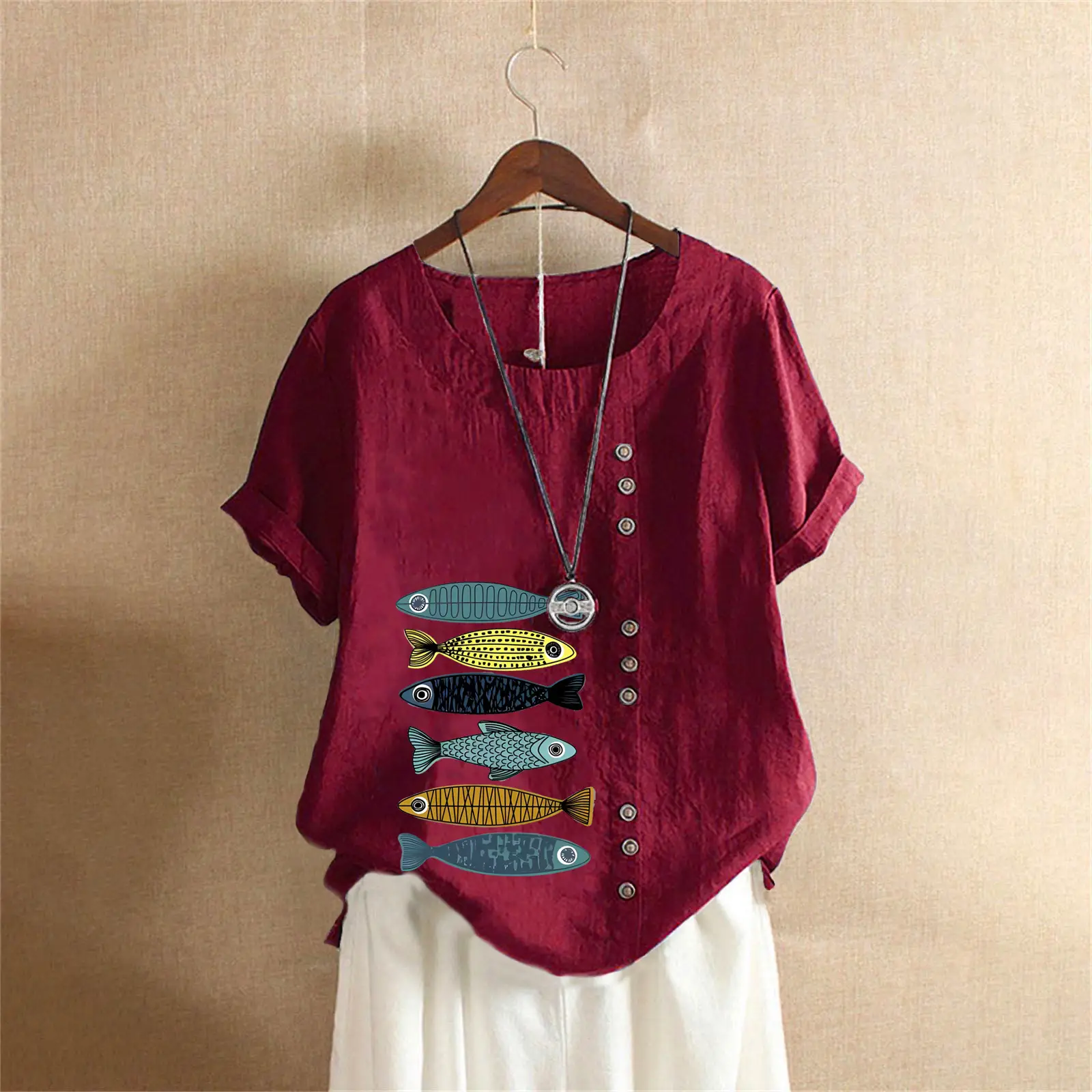 2025 Summer Vintage Plus Size Fish Print T-Shirt - Image 28