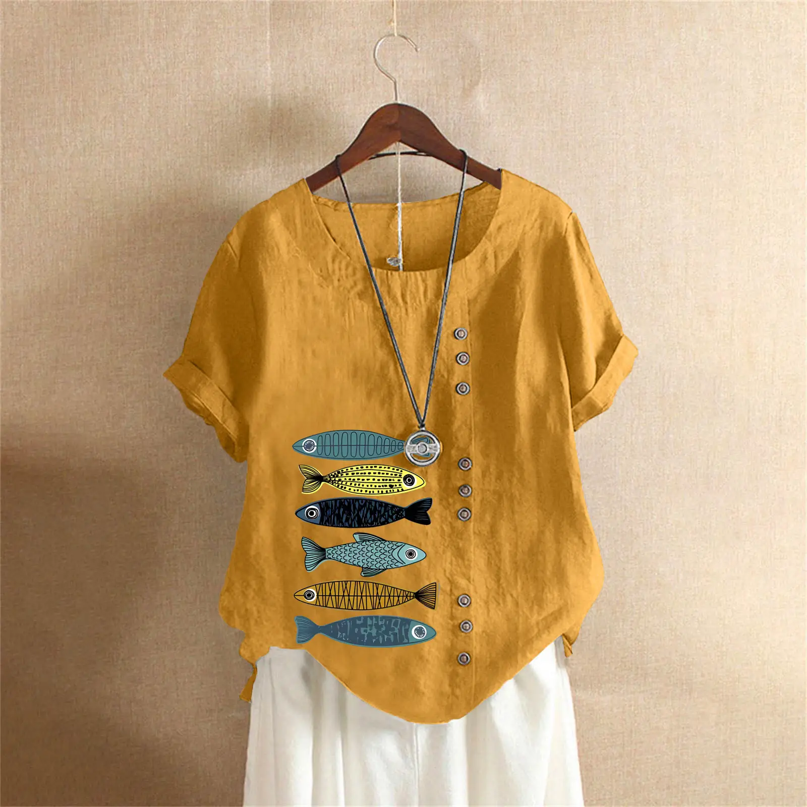 2025 Summer Vintage Plus Size Fish Print T-Shirt - Image 36