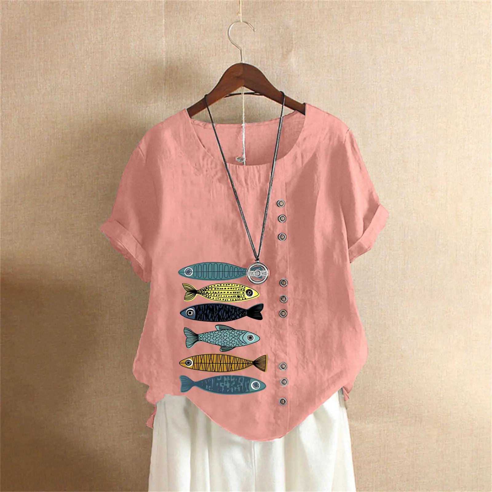 2025 Summer Vintage Plus Size Fish Print T-Shirt - Image 41