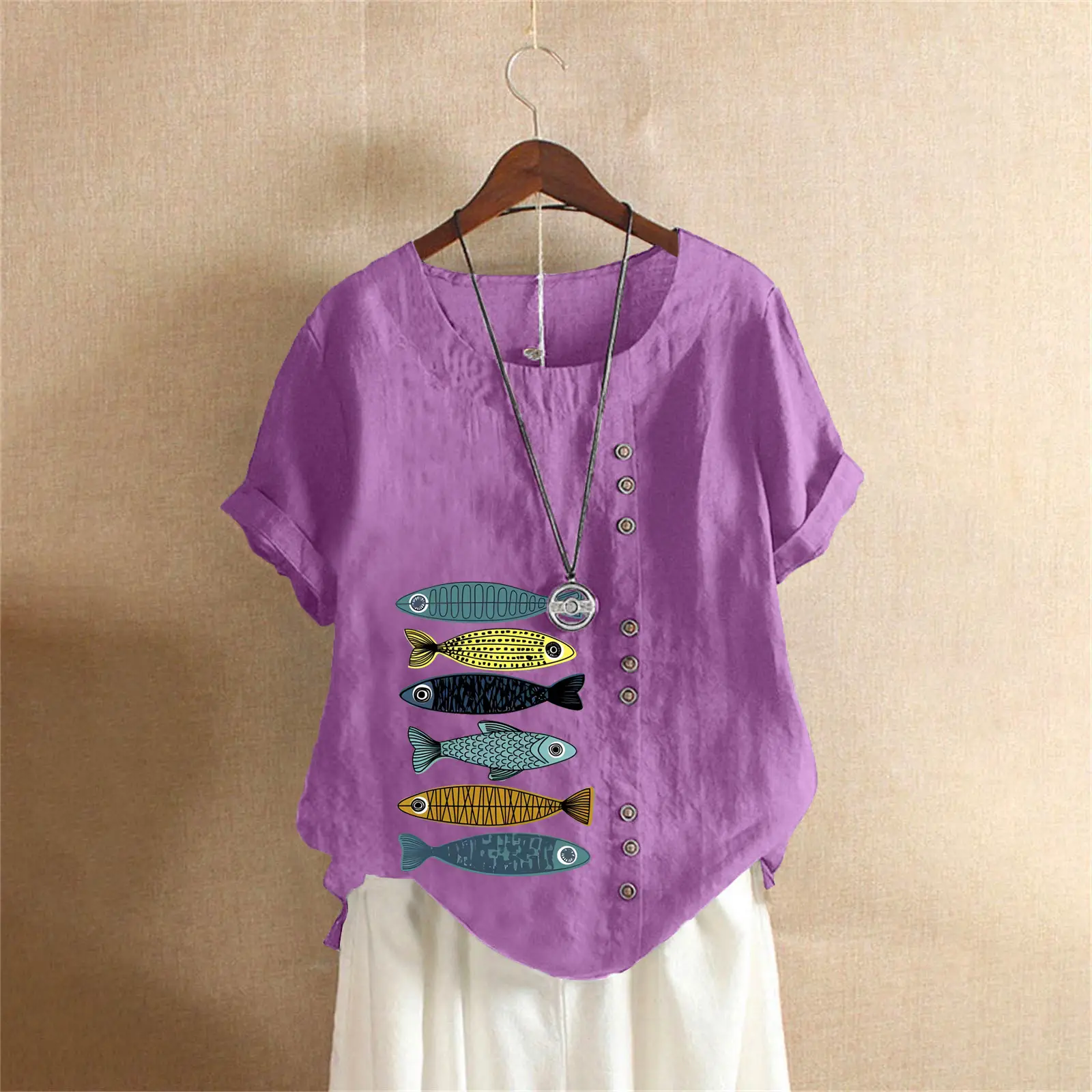 2025 Summer Vintage Plus Size Fish Print T-Shirt - Image 43