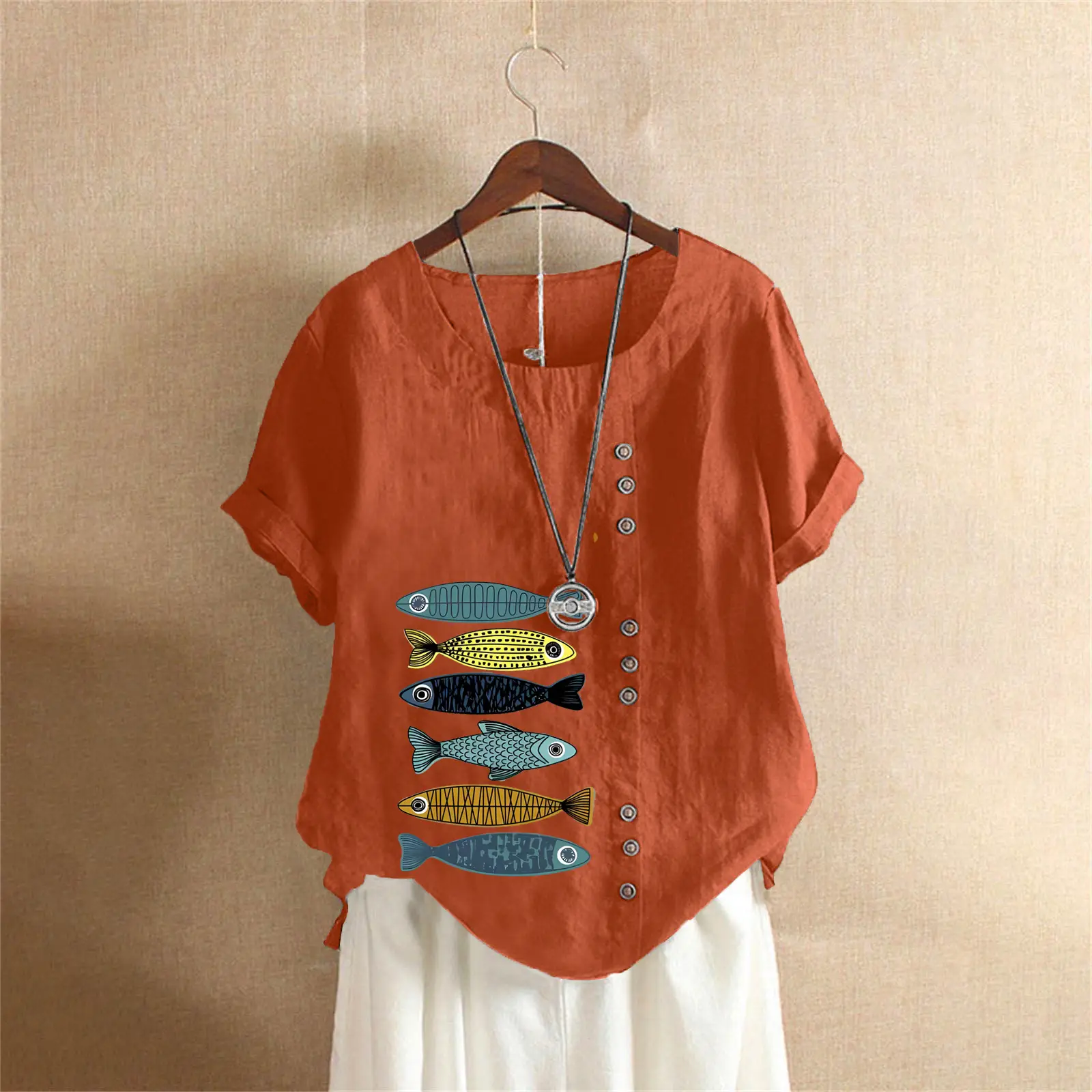2025 Summer Vintage Plus Size Fish Print T-Shirt - Image 45