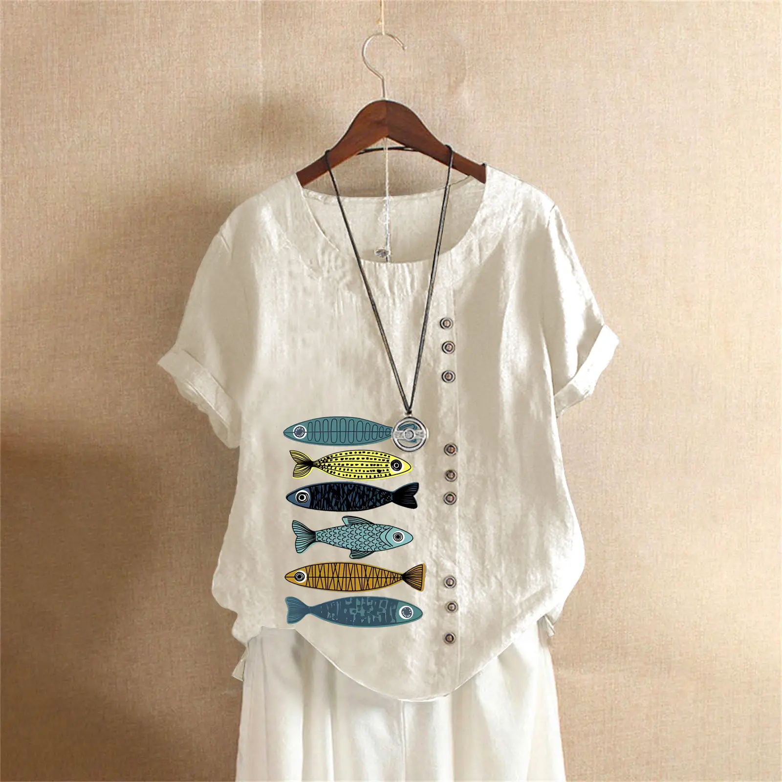 2025 Summer Vintage Plus Size Fish Print T-Shirt - Image 47