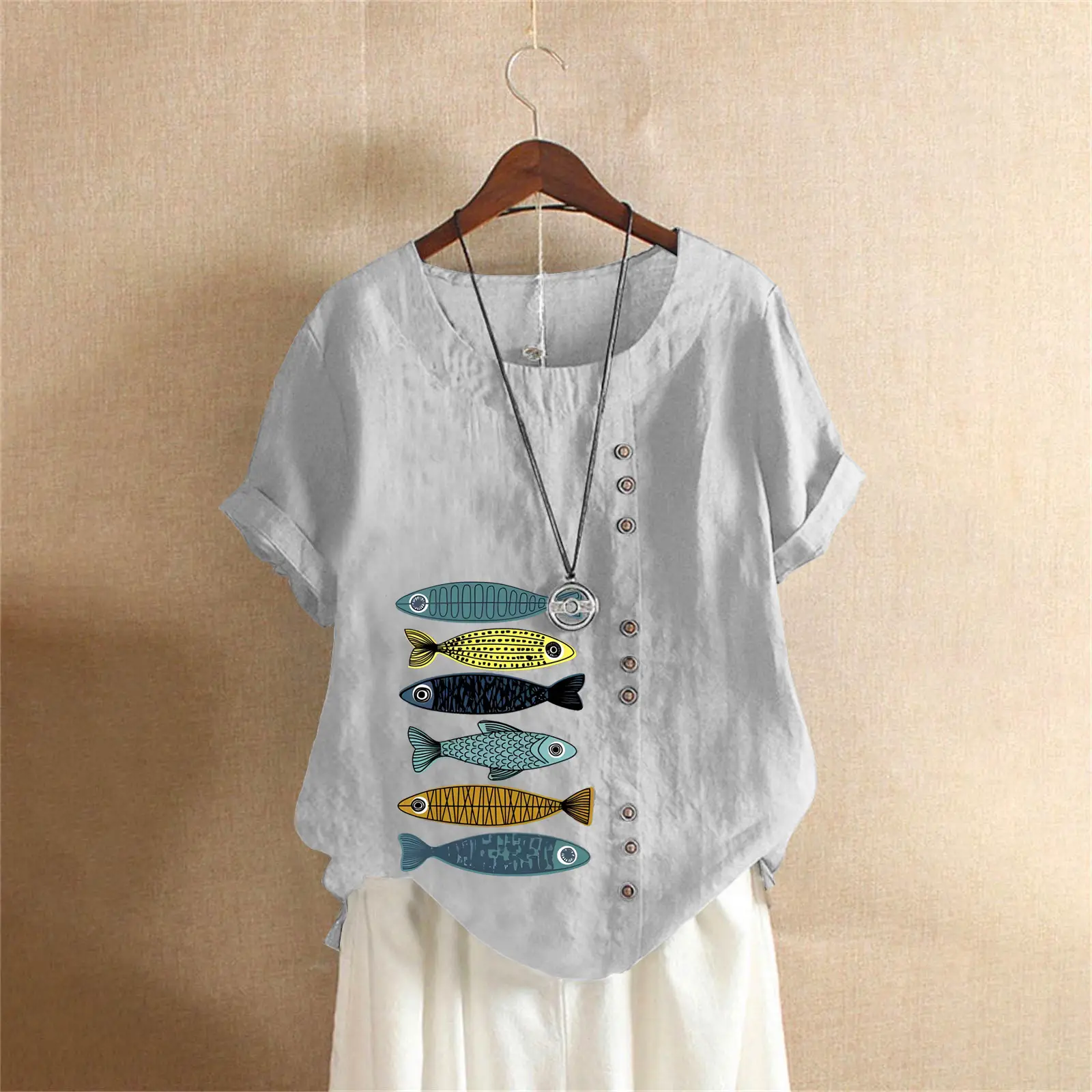 2025 Summer Vintage Plus Size Fish Print T-Shirt - Image 49