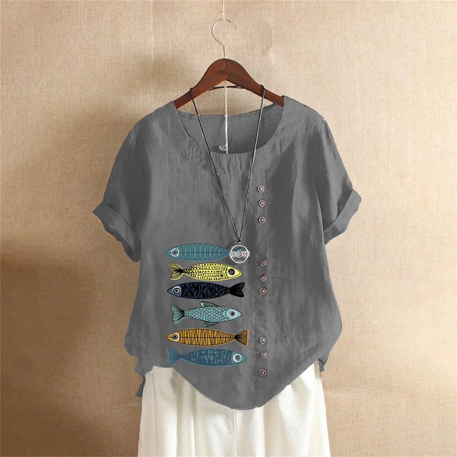 2025 Summer Vintage Plus Size Fish Print T-Shirt - Image 51