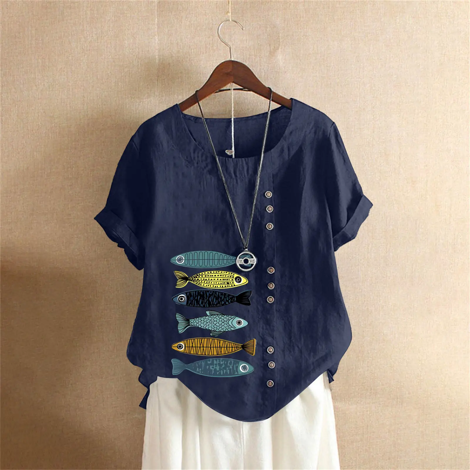 2025 Summer Vintage Plus Size Fish Print T-Shirt - Image 6