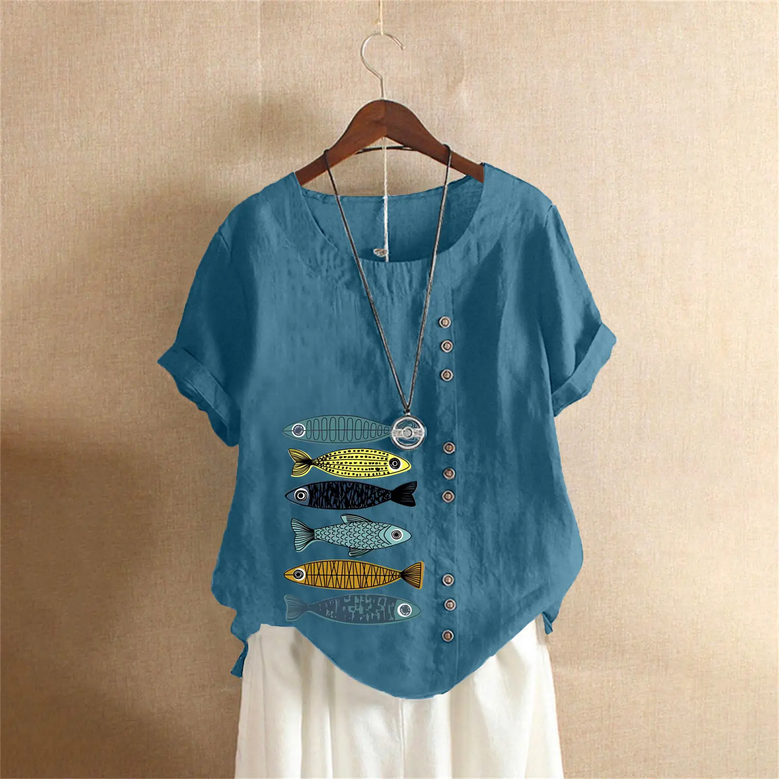 2025 Summer Vintage Plus Size Fish Print T-Shirt - Image 8