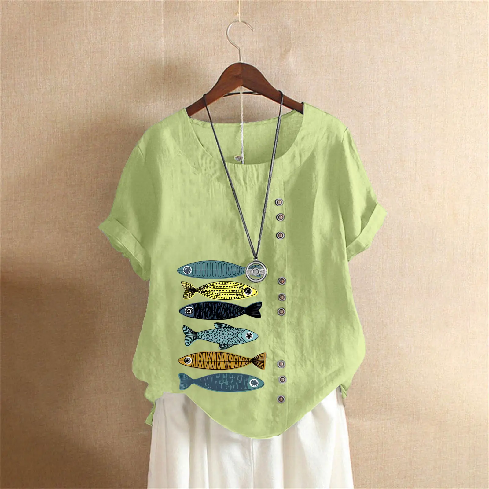 2025 Summer Vintage Plus Size Fish Print T-Shirt - Image 13