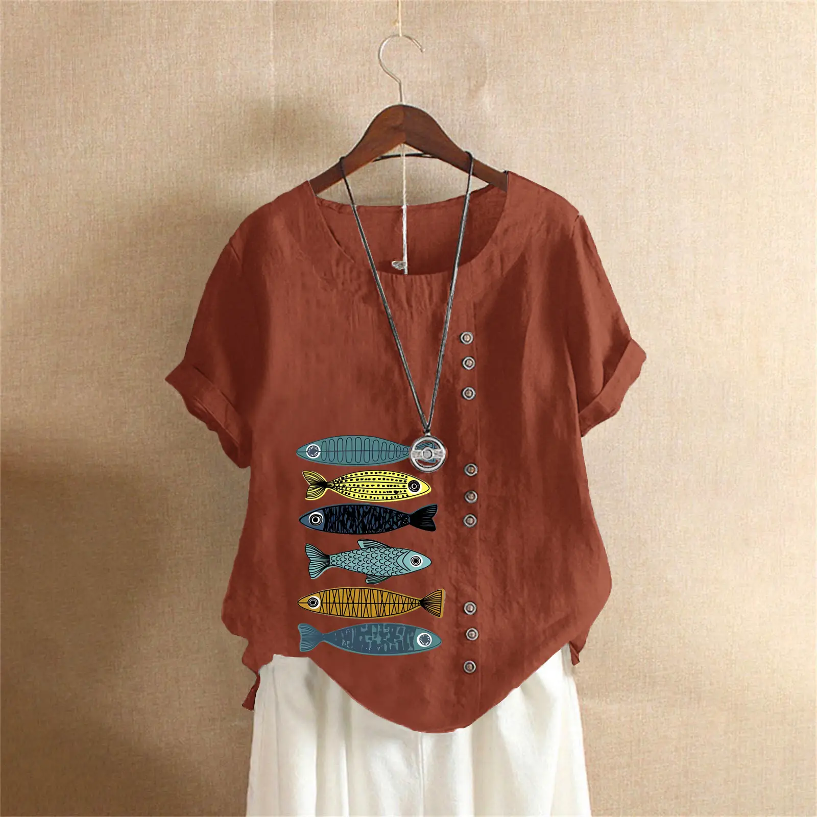 2025 Summer Vintage Plus Size Fish Print T-Shirt - Image 20