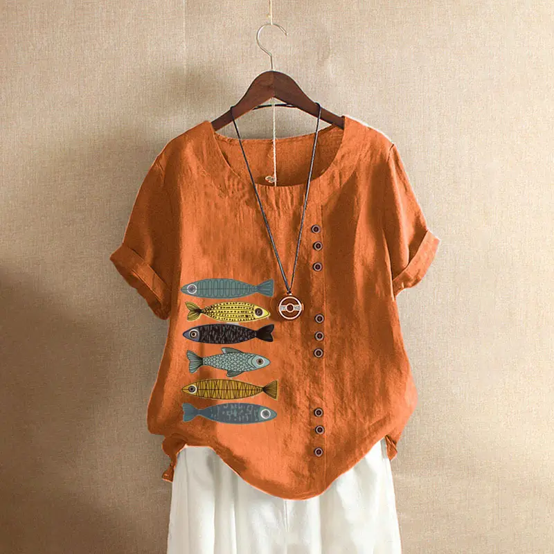 2025 Summer Vintage Plus Size Fish Print T-Shirt - Image 44
