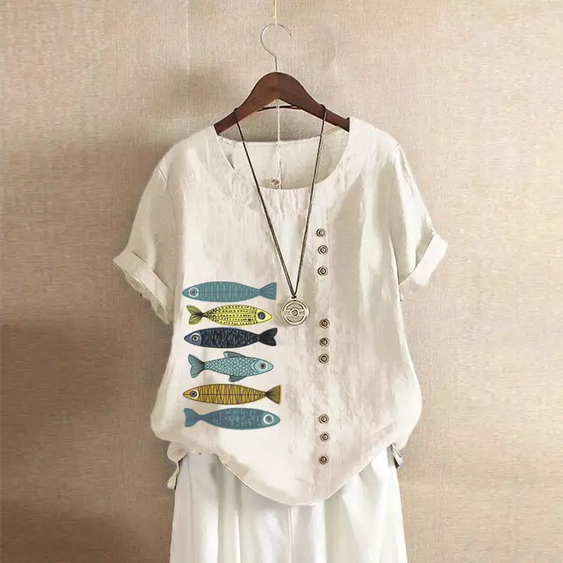 2025 Summer Vintage Plus Size Fish Print T-Shirt - Image 46
