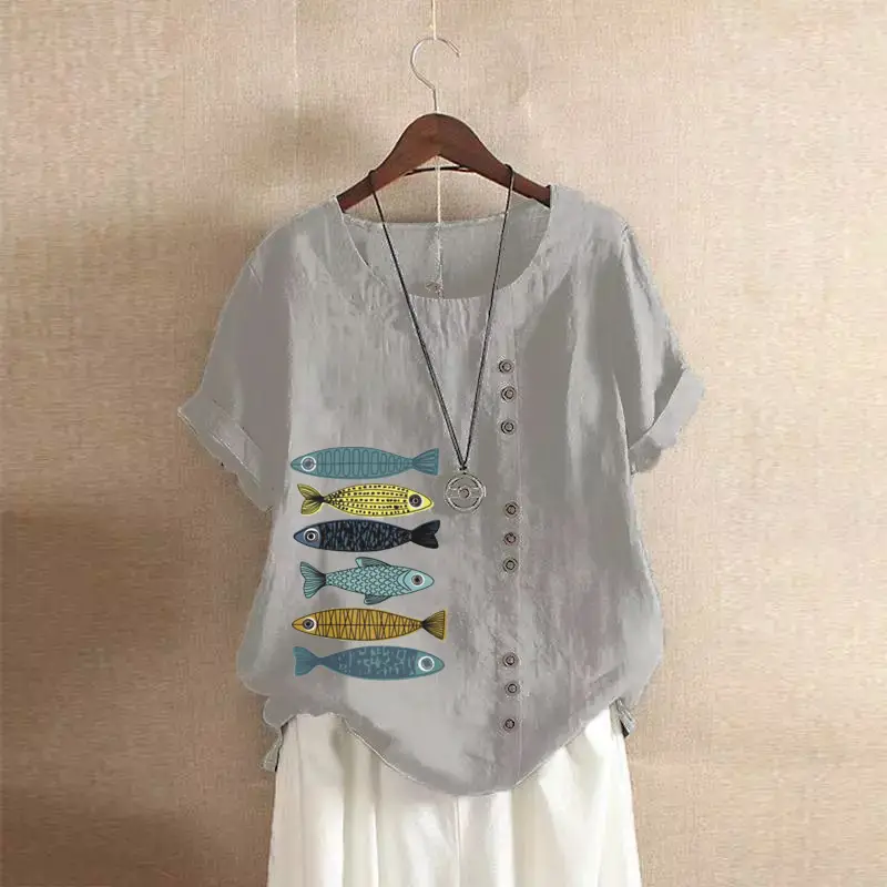2025 Summer Vintage Plus Size Fish Print T-Shirt - Image 48