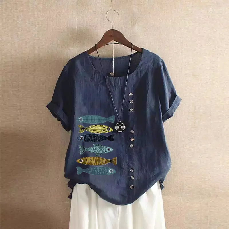 2025 Summer Vintage Plus Size Fish Print T-Shirt - Image 5