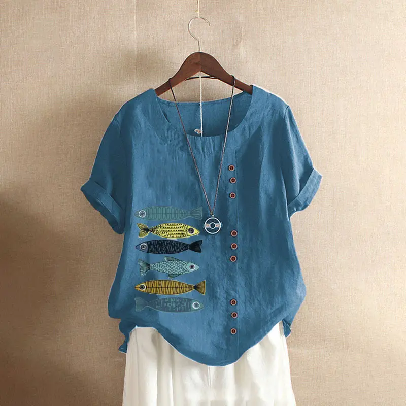 2025 Summer Vintage Plus Size Fish Print T-Shirt - Image 7