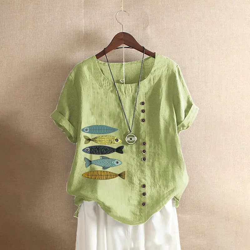 2025 Summer Vintage Plus Size Fish Print T-Shirt - Image 14