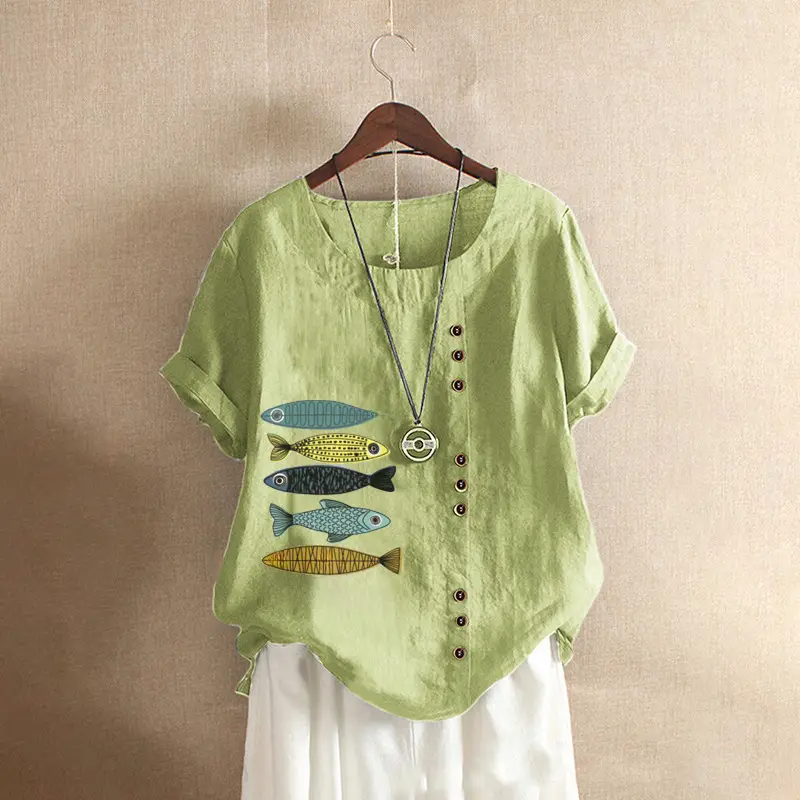 2025 Summer Vintage Plus Size Fish Print T-Shirt - Image 15