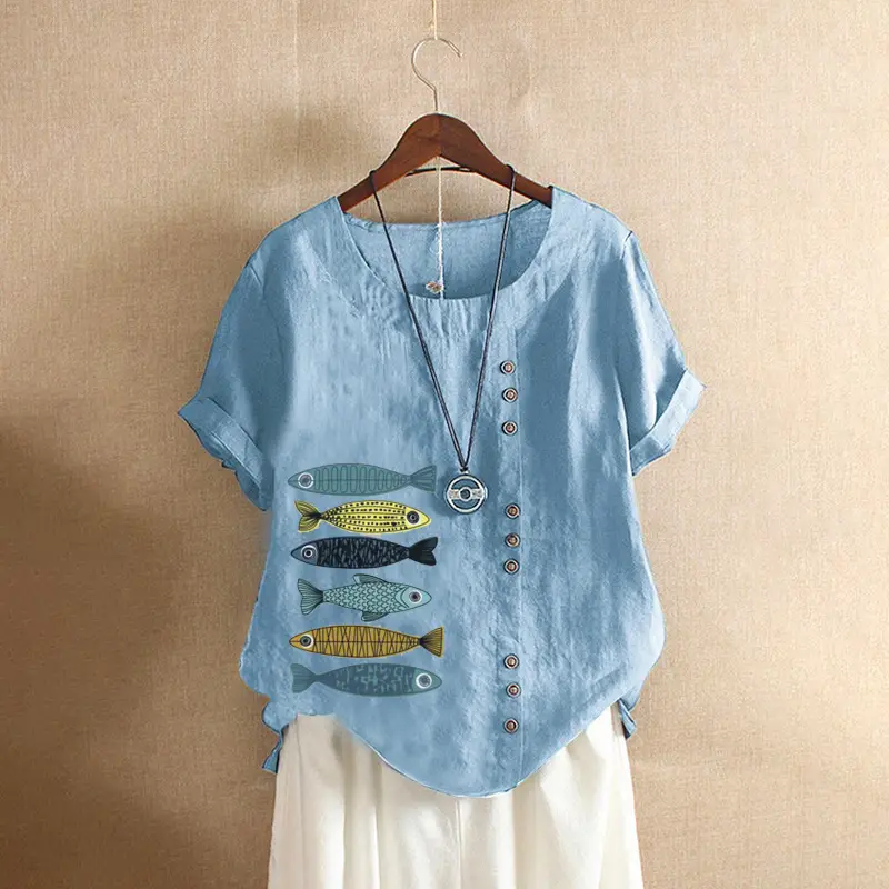 2025 Summer Vintage Plus Size Fish Print T-Shirt - Image 17