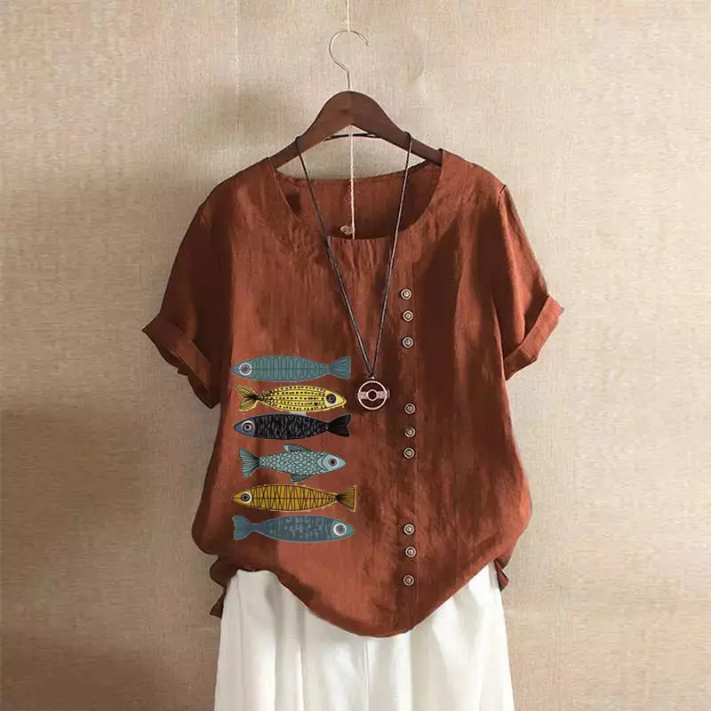 2025 Summer Vintage Plus Size Fish Print T-Shirt - Image 19