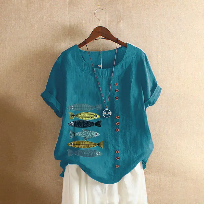 2025 Summer Vintage Plus Size Fish Print T-Shirt - Image 21