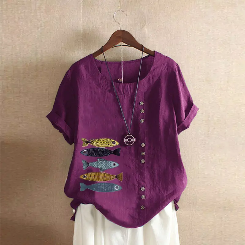 2025 Summer Vintage Plus Size Fish Print T-Shirt - Image 24