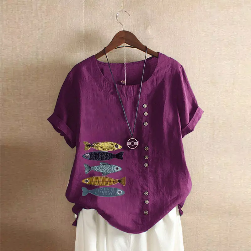 2025 Summer Vintage Plus Size Fish Print T-Shirt - Image 30