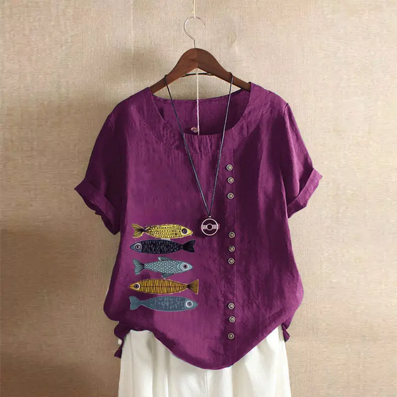 2025 Summer Vintage Plus Size Fish Print T-Shirt - Image 31