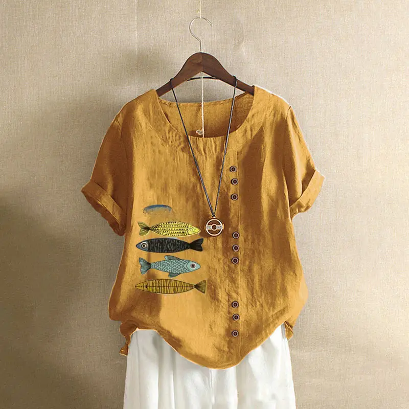 2025 Summer Vintage Plus Size Fish Print T-Shirt - Image 34