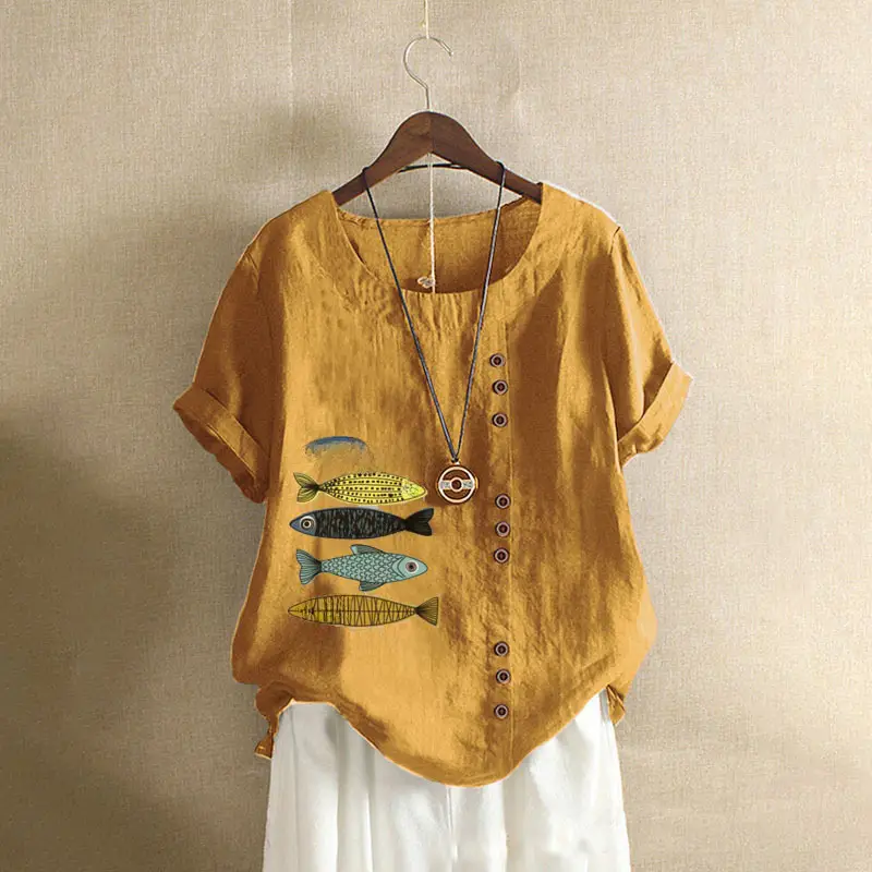 2025 Summer Vintage Plus Size Fish Print T-Shirt - Image 39