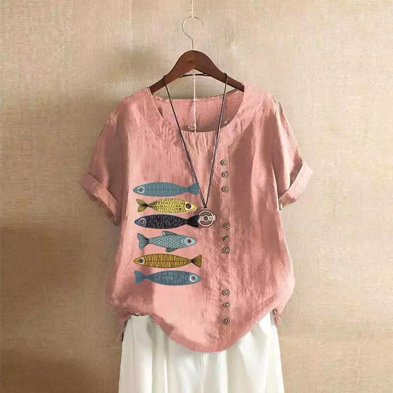 2025 Summer Vintage Plus Size Fish Print T-Shirt - Image 40