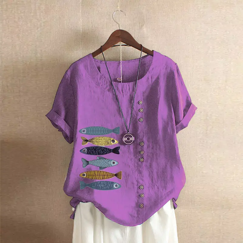 2025 Summer Vintage Plus Size Fish Print T-Shirt - Image 42