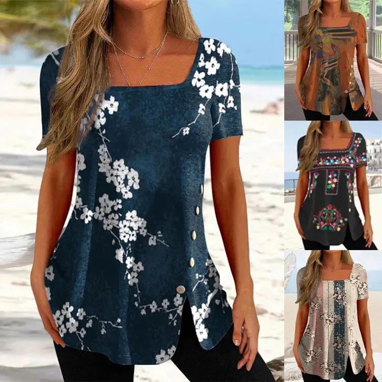 European and American Cross-border Foreign Trade Women's Independent Station Explosions Western Ethnic Style Printed Button Short-sleeved T-shirt Top