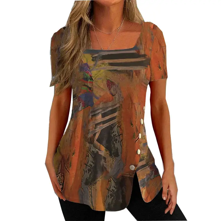 European and American Cross-border Foreign Trade Women's Independent Station Explosions Western Ethnic Style Printed Button Short-sleeved T-shirt Top