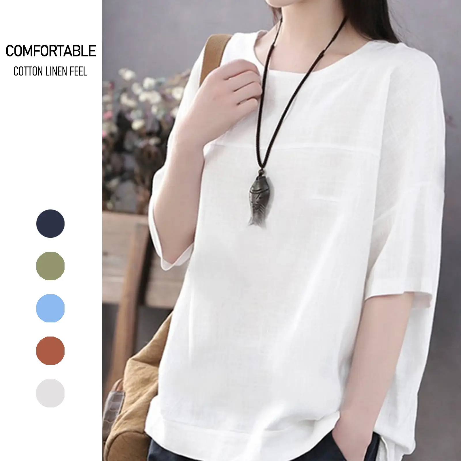 Women Cotton Linen Loose T-Shirt Plus Size Orange - Image 6